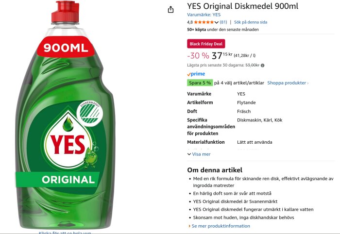 YES Original Diskmedel 900 ml flaska med röd kork, grön etikett med Svanenmärke, visas som en Black Friday-erbjudandeprodukt på Amazon.