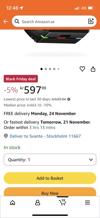 Amazon-se, Black Friday-erbjudande, OBD2-dongel, 5% rabatt, pris: 597,99 kr, gratis leverans, Stockholm, köp nu, i lager.