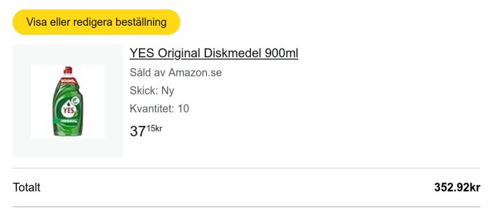 Beställning av tio flaskor YES Original Diskmedel 900 ml från Amazon.se, total kostnad 352,92 kr.