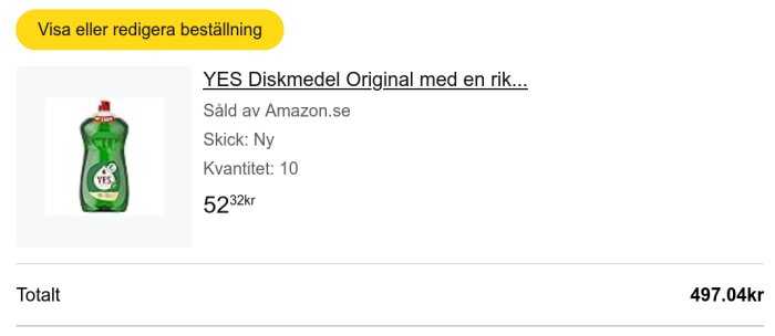 Beställning av tio flaskor YES Diskmedel Original från Amazon.se, totalt 497,04 kr.