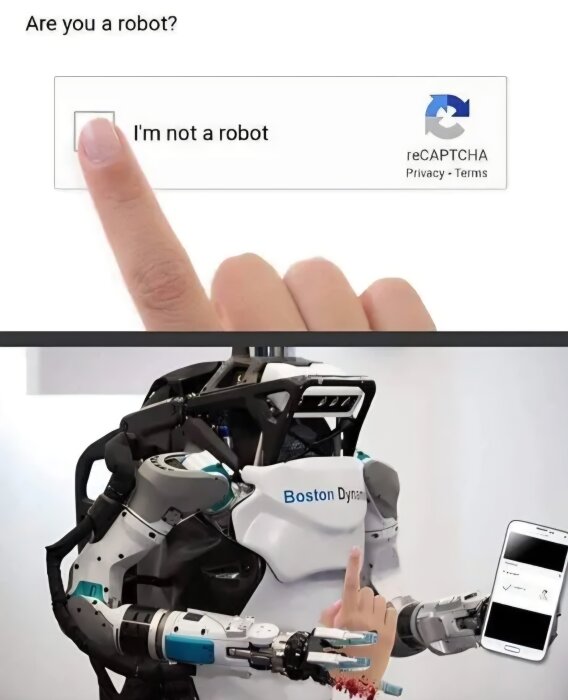 En robot från Boston Dynamics klickar på "I'm not a robot" rutan på en smartphone, humoristisk illustration av reCAPTCHA-test.