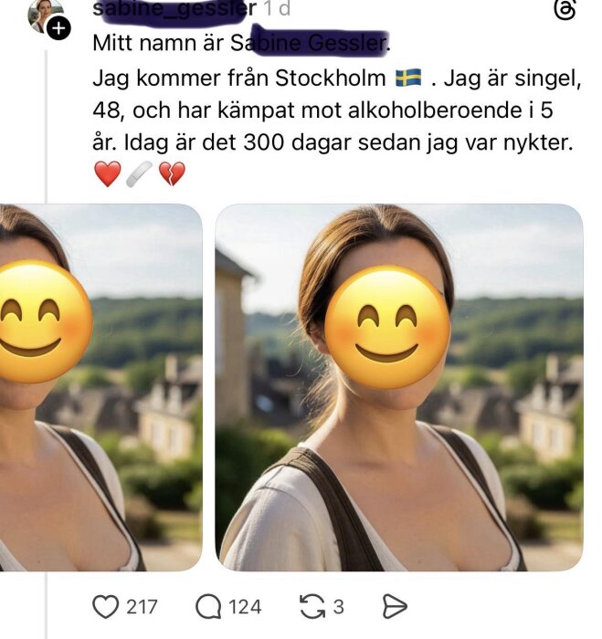 En person står utomhus med en landsbygdsbakgrund. Ansiktet är täckt med en smiley-emoji.