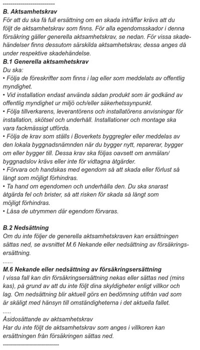Textdokument som beskriver aktsamhetskrav och försäkringsvillkor, inklusive regler för installation och underhåll.