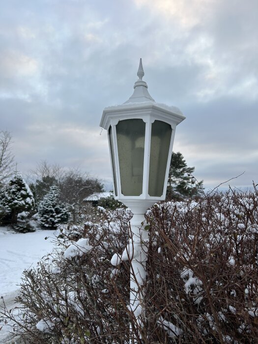 Vit utomhuslykta från 80-talet med snö på toppen, placerad i en snötäckta häck.