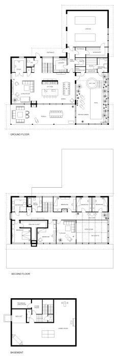 Planritning av hus med källare visar teknikrum för pool och bastu, vardagsrum, poolrum och garage på markplan.