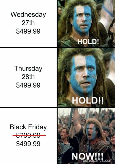 Bild med prisjämförelse över tre dagar, inklusive Black Friday, och skådespelare i krigsmålning som säger "HOLD" och "NOW".