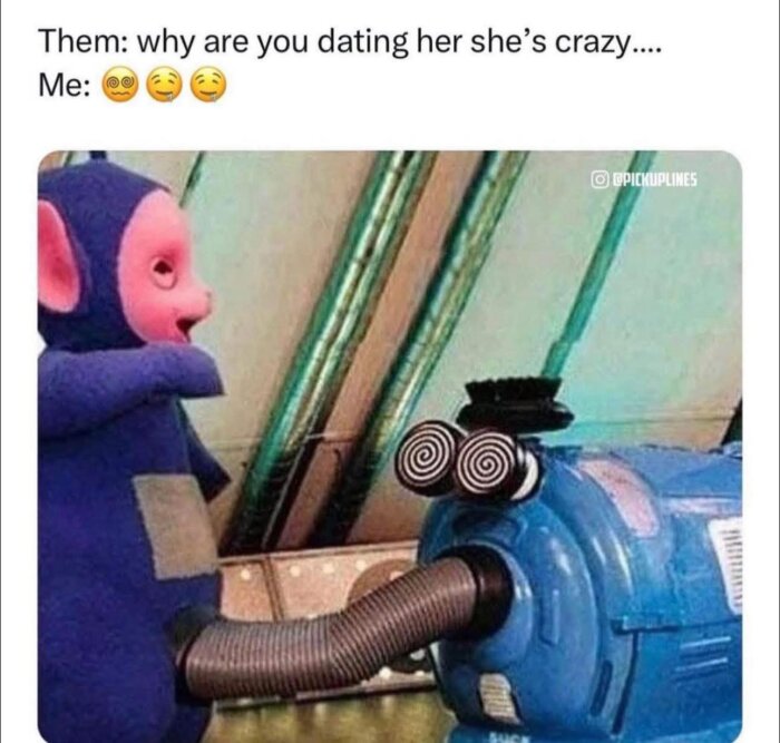 Teletubbie och en dammsugare med snurrande ögon står bredvid varandra.