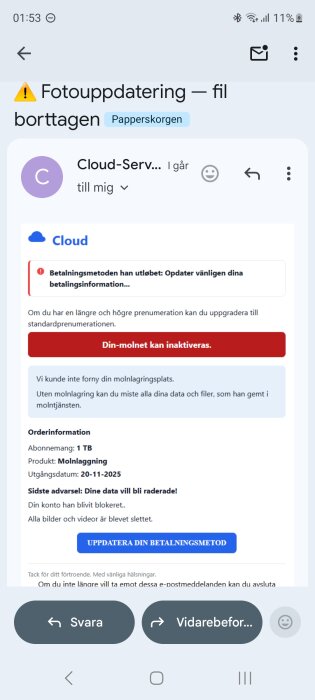 Email med varning om att betalningsmetod är förfallen och molntjänst kan inaktiveras, med risk att data raderas om inte betalningsinfo uppdateras.