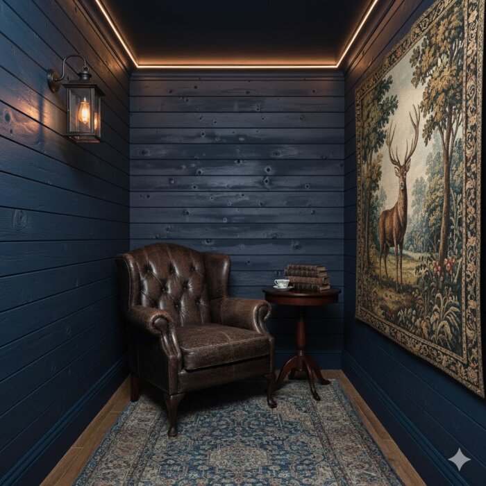 Mörkblå vägg med sittplats, brun läderfåtölj, sidobord med böcker och kopp, matta samt väggbonad med hjortmotiv.