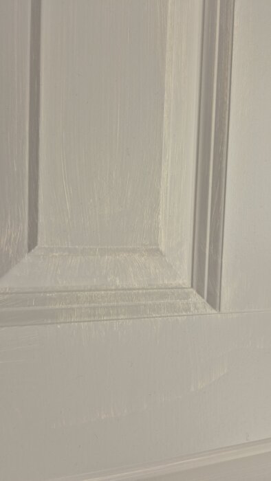 Nymålad dörr efter första strykningen, med synliga penseldrag och slät yta.