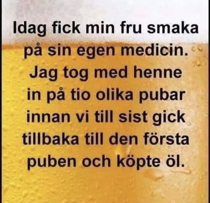 Text med humoristisk anekdot om pubar och öl, mot en bakgrund av öl.
