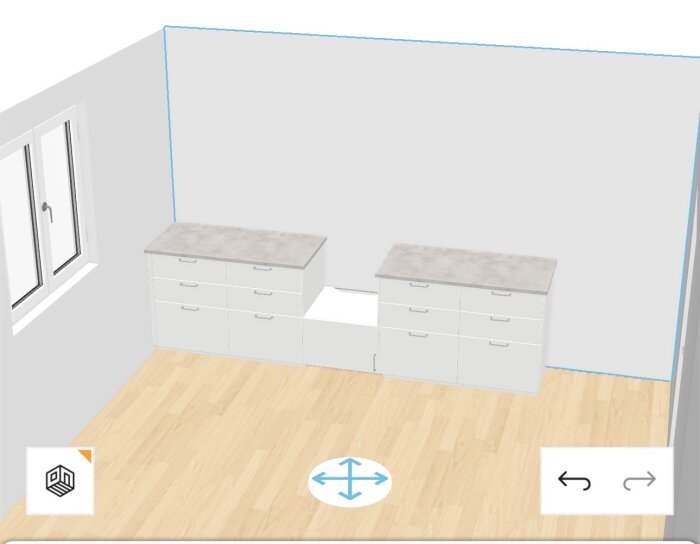 Visualisering av kökslösning med Ikea-skåp, där ugnen placeras på ett lägre skåp, vilket också kan användas som låda.
