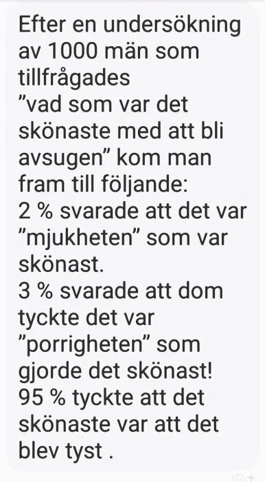 En textbild om resultatet från en undersökning där 1000 män tillfrågades vad som var bäst med att bli avsugen.