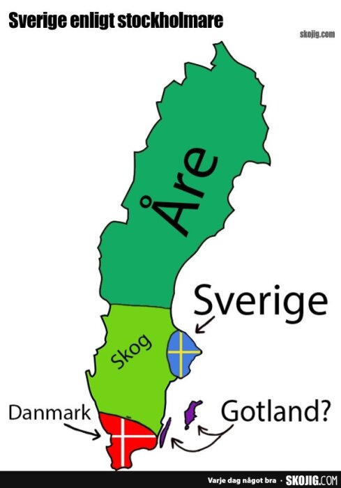 Karta över Sverige med humoristiska etiketter: Åre, Skog, Sverige, Danmark och Gotland, enligt stockholmsperspektiv.
