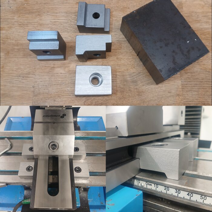 Fyra metallbitar bearbetade med kipp hyvling, placerade vid en skruvstycke, visar grov yta och hål i två av blocken.