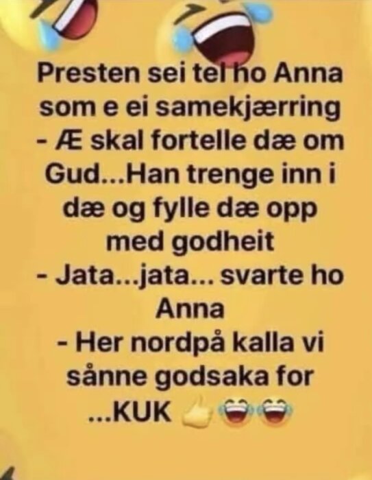 Emoji med skrattande ansikten och text på norska om en präst och en konversation med en kvinna som heter Anna.
