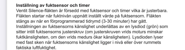 Manualsida för Ventit Silence-fläkt med instruktioner för justering av fuktsensor och timer.