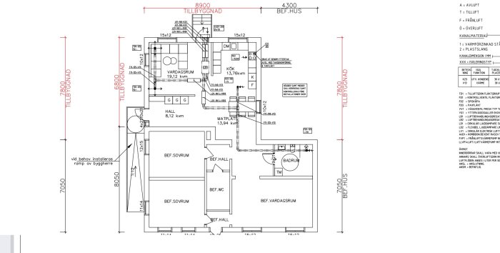 Ritning över FTX-system i ett hus med tillbyggnad, visar kanaldragning och rum som kök, vardagsrum, badrum och sovrum.