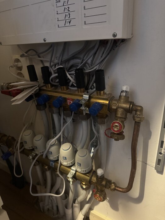 Fördelningsrör för golvvärme med LK termostater, rör och kopplingar, del av vattenburen uppvärmningssystem.