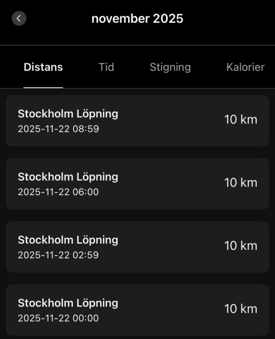 Löpningshistorik från november 2025 för Stockholm visar fyra löprundor på 10 km vid olika tider den 22 november.