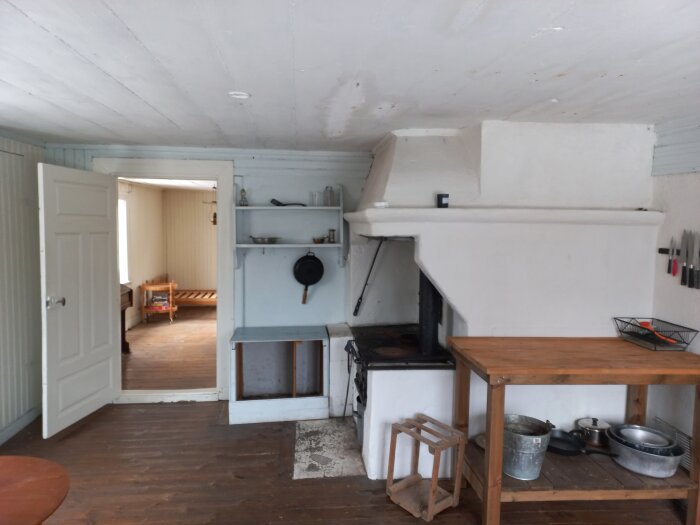 Ett litet kök i en stuga med en vedspis, vitmålade väggar, träbänk, köksredskap och hyllor med köksutrustning, och ett angränsande rum.