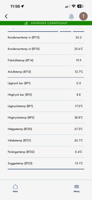 Skärmbild av en Qvantum Qe6 pumpinställningar med olika temperaturer och tryck som kondensortemp, frånluftstemp och hetgastemp.