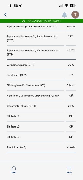 Skärmbild av värde- och inställningsmeny för Qvantum Qe6 värmepump med temperaturer och procentuella inställningar.