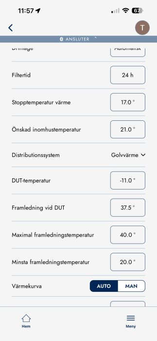 Qvantum Qe6 pumpinställningar och värden: Stoppvärme 17°C, inomhustemperatur 21°C, golvvärme, DUT -11°C, framledning vid DUT 37.5°C.