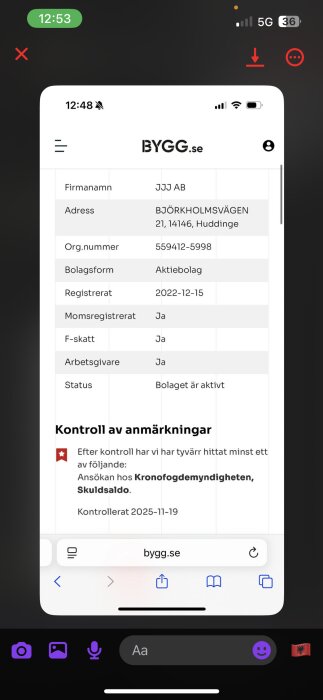 Skärmdump från BYGG.se som visar företagsinformation för JJJ AB, inklusive adress, bolagsform, registreringsdatum och anmärkningar hos Kronofogden.