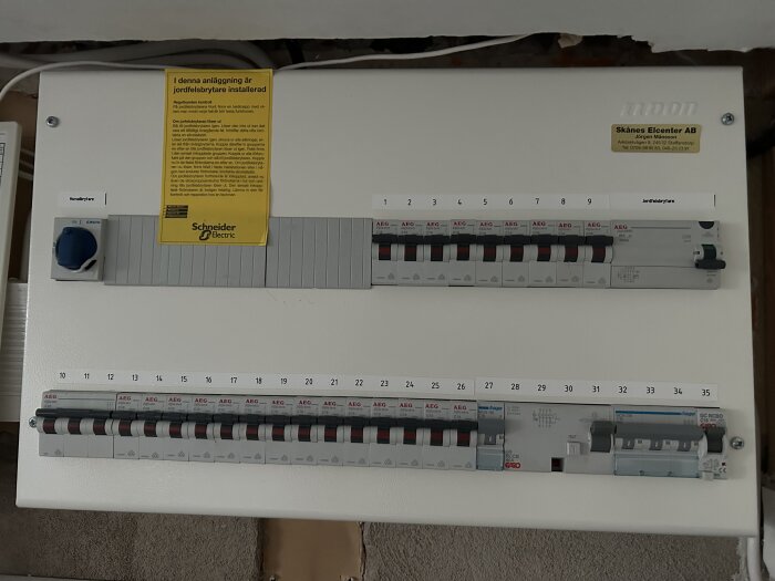 Elcentral med jordfelsbrytare och säkringar, inkluderar en informationsetikett och ett företagsnamn på märkplattan.