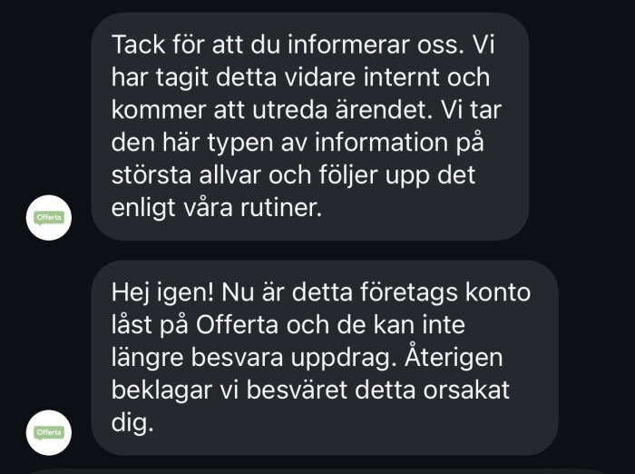 Screenshot av Offerta-meddelande som bekräftar att ett företags konto har låsts och att ärendet utreds vidare.