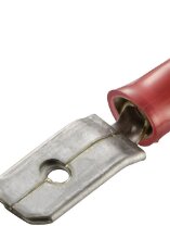 Elektrisk kontakt med röd isolering och hål för anslutning.