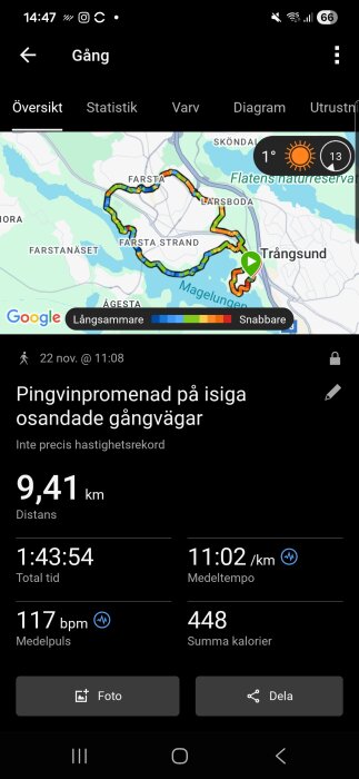 Karta över en gångrunda vid Farsta, 9,41 km, med statistik som tid 1:43:54, medeltempo 11:02 min/km, medelpuls 117 bpm och kalorier 448.