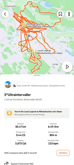 Träningskarta från Söderköpings kommun, med insats detaljer för ultraintervallpass: 50,47 km, 6:49/km tempo, 804 m höjdstigning och 3873 kalorier brända.