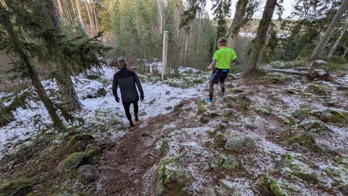 Två personer joggar nerför en snötäckt skogsstig omgivna av tallar och grönt, klädda i vinterträningskläder.