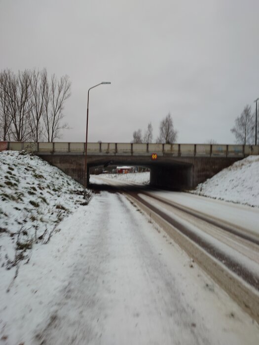 Snöig väg under en bro med grå vinterhimmel och nakna träd i bakgrunden.