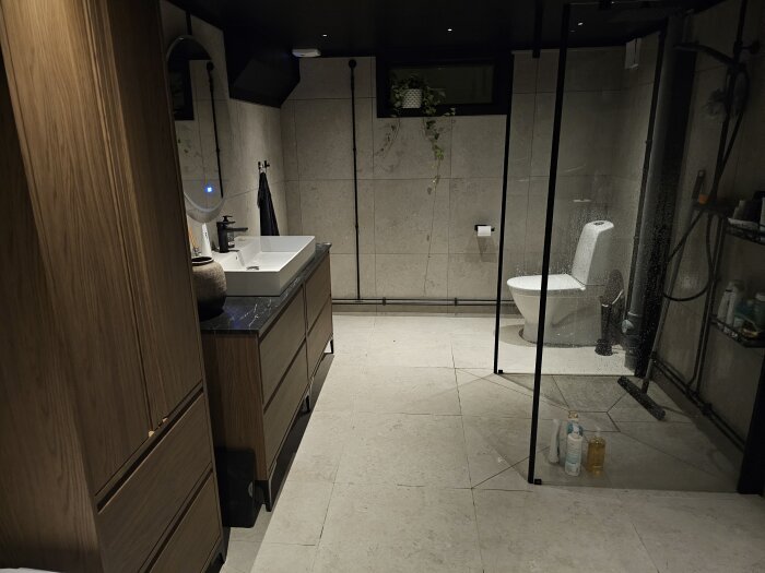Modernt badrum med svart tak och grå väggar. En duschkabin med glasväggar, toalett och vit handfatsskiva med träslag. Växter och toalettartiklar syns i rummet.