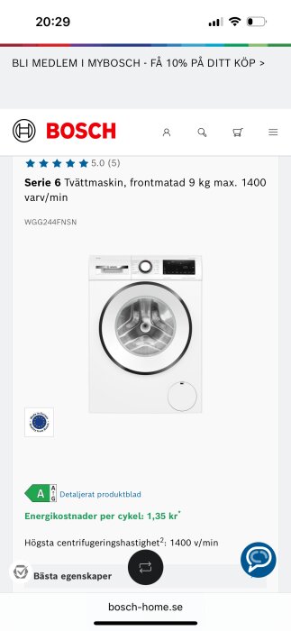 Bosch Serie 6 tvättmaskin, frontmatad, 9 kg kapacitet, 1400 varv/min, pris 6990 kr, energikostnad per cykel 1,35 kr.