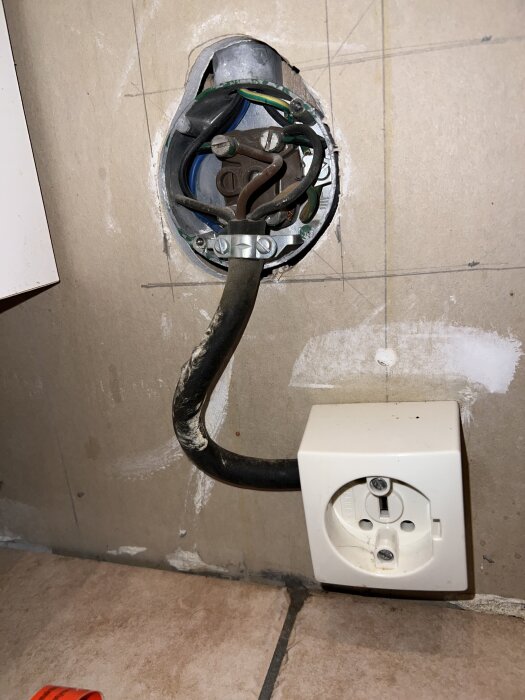 Eluttag och kabelinstallation i kök, med synliga kablar inklusive en blå nollkabel samt jord, monterad i väggen ovanför ett golv.