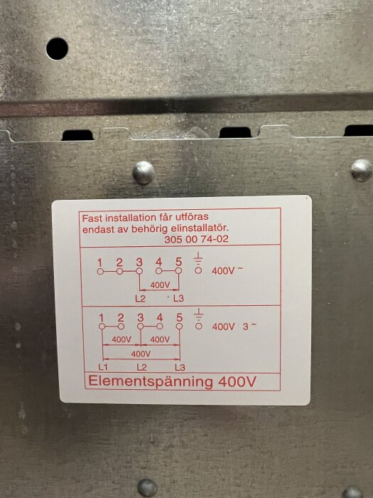 Instruktionsskylt för 400V elementspänning på en Electrolux-spis, med kopplingsschema och text om att installation utförs av behörig elinstallatör.