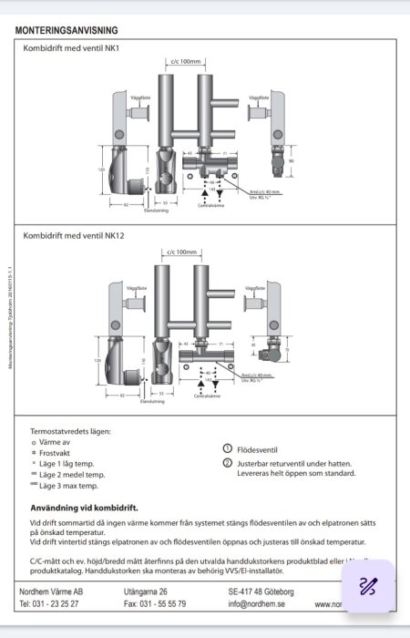 Installationsanvisning för kombidrift med ventiler NK1 och NK12 från Nordhem Värme AB, inklusive mått och instruktioner för centralvärme.
