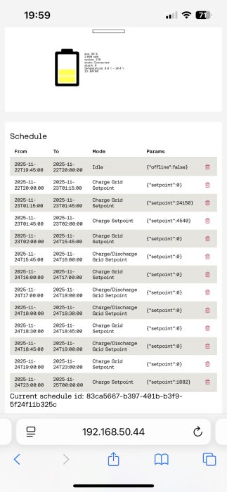 Schemaläggning av laddning med parametrar som inkluderar setpoint 24150, batterinivå 34%, och tidsplan från 2025-11-22 till 2025-11-25.