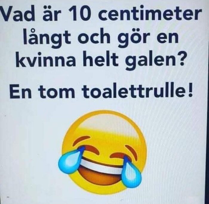 Textskämt med frågan "Vad är 10 centimeter långt och gör en kvinna helt galen?" följt av svaret "En tom toalettrulle!" med en skrattande emoji.