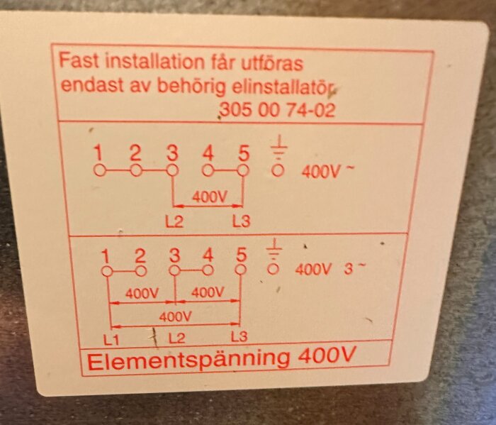 Kopplingsschema för Elektro Helios SK7104 spis med information om fasanslutningar och spänning, märkning för behörig elinstallation.
