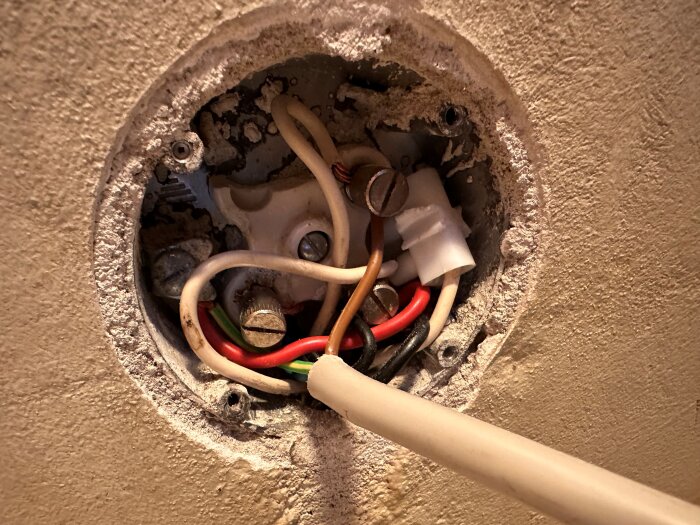 Kopplingsdosan visar flera elektriska ledningar inuti, inklusive röd, svart, vit, brun och grön/gul kabel, anslutna i en cirkulär fästplatta.