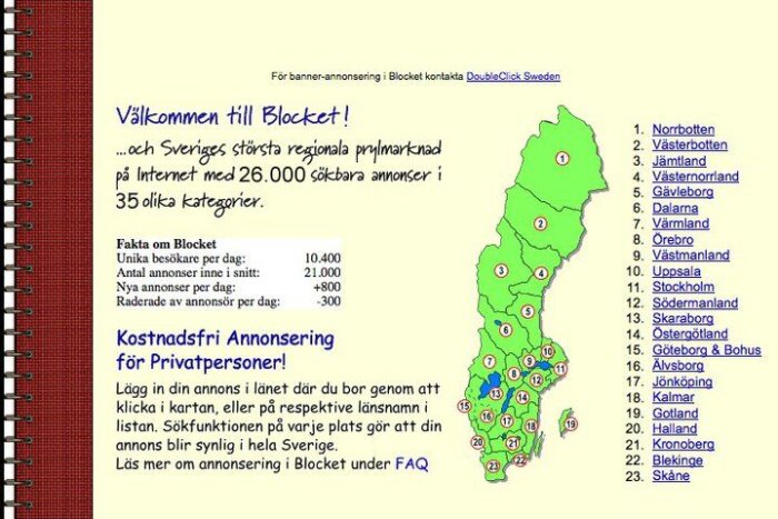 Karta över Sveriges län med information om Blocket, besökarantal och annonsering, samt en lista över länsnummer från 1 till 23.
