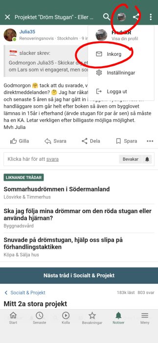 Profilmeny med inkorgsalternativ markerat i rött på diskussionsforumets gränssnitt.