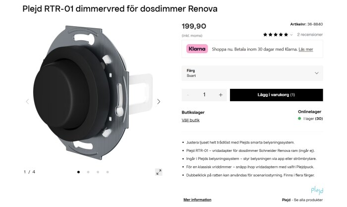 Svart Plejd RTR-01 dimmervred för Renova dosdimmer, visat med monteringsplatta och artikelinformation, priset 199,90 SEK.