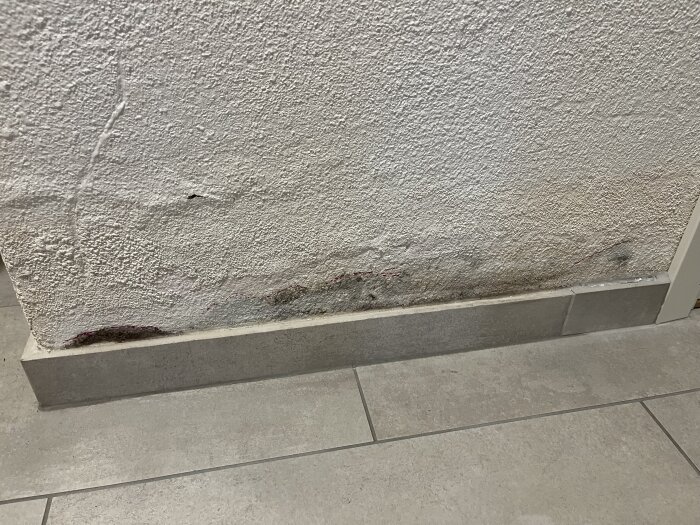 Fuktskadad vägg med avflagning och mögelfläckar ovanför klinkergolv i 60-tals villa.