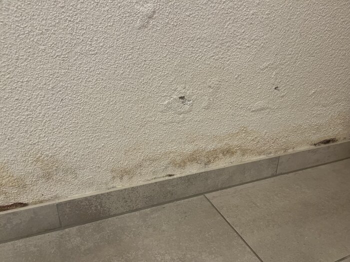 Vägg med mögelfläckar nära golvet i en villa från 60-talet, visar tidigare vattenskada på grund av läcka, med kakelgolv i förgrunden.